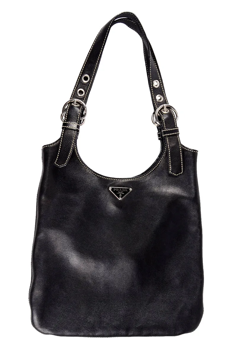 1990s Prada Black Lambskin Leather Hobo Shoulder Bag